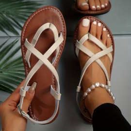 Women's Casual Beach Sandals with Cross Strap and Buckle - Comfortable Flat Open Toe Shoes