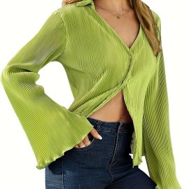 Solid Color Button Front Blouse, Elegant V-neck Flare Sleeve Blouse For Spring & Fall, Women's Clothing