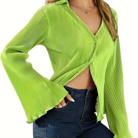 Solid Color Button Front Blouse, Elegant V-neck Flare Sleeve Blouse For Spring & Fall, Women's Clothing