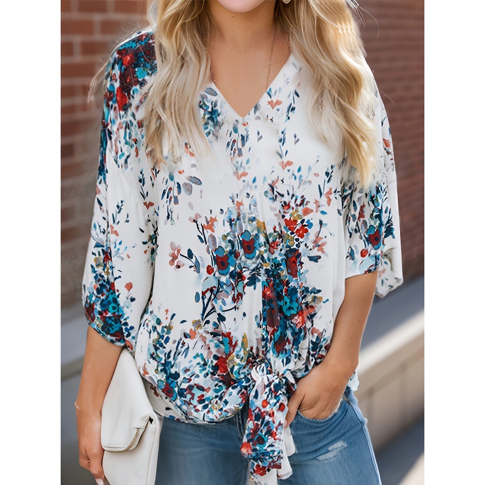 Floral Print Lace Up Loose Blouse, Elegant 3/4 Butterfly Sleeve V-neck Blouse, Women's Clothing