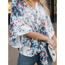 Floral Print Lace Up Loose Blouse, Elegant 3/4 Butterfly Sleeve V-neck Blouse, Women's Clothing