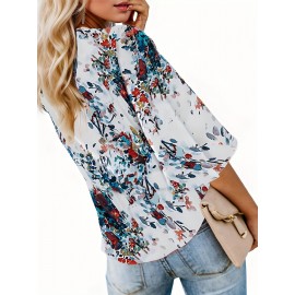 Floral Print Lace Up Loose Blouse, Elegant 3/4 Butterfly Sleeve V-neck Blouse, Women's Clothing