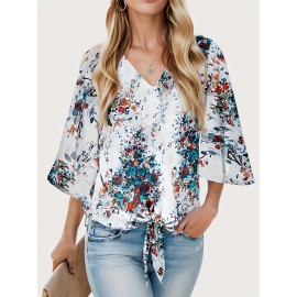 Floral Print Lace Up Loose Blouse, Elegant 3/4 Butterfly Sleeve V-neck Blouse, Women's Clothing