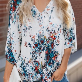 Floral Print Lace Up Loose Blouse, Elegant 3/4 Butterfly Sleeve V-neck Blouse, Women's Clothing