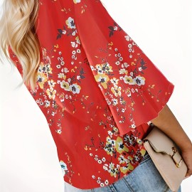 Floral Print Lace Up Loose Blouse, Elegant 3/4 Butterfly Sleeve V-neck Blouse, Women's Clothing