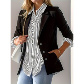 Stripes Print Button Front Shirt, Casual Long Sleeve Lapel Neck Shirt For Spring & Fall, Women's Clothing