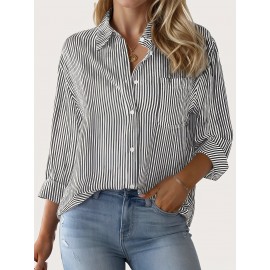 Stripes Print Button Front Shirt, Casual Long Sleeve Lapel Neck Shirt For Spring & Fall, Women's Clothing