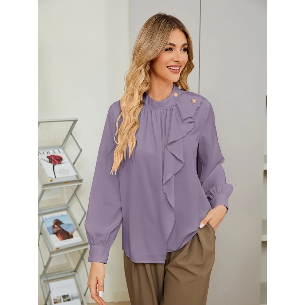 Solid Color Ruffle Trim Blouse, Elegant Button Long Sleeve Blouse For Spring & Fall, Women's Clothing