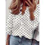 Women's Chic Polka-dot V-neck Blouse with Ruffle Trim - Long Sleeve Elegance for Spring & Fall Wardrobe Essentials, Vintage-Inspired Fashion