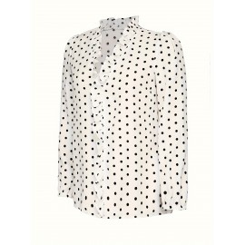 Women's Chic Polka-dot V-neck Blouse with Ruffle Trim - Long Sleeve Elegance for Spring & Fall Wardrobe Essentials, Vintage-Inspired Fashion