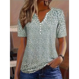 Allover Print Button Front V Neck Blouse, Casual Short Sleeve Top For Spring & Summer, Women's Clothing