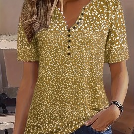 Allover Print Button Front V Neck Blouse, Casual Short Sleeve Top For Spring & Summer, Women's Clothing