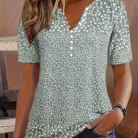 Allover Print Button Front V Neck Blouse, Casual Short Sleeve Top For Spring & Summer, Women's Clothing