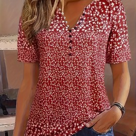 Allover Print Button Front V Neck Blouse, Casual Short Sleeve Top For Spring & Summer, Women's Clothing