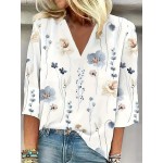 Women's Floral V-Neck Blouse - Casual 3/4 Sleeve Top for Spring & Summer