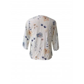 Women's Floral V-Neck Blouse - Casual 3/4 Sleeve Top for Spring & Summer