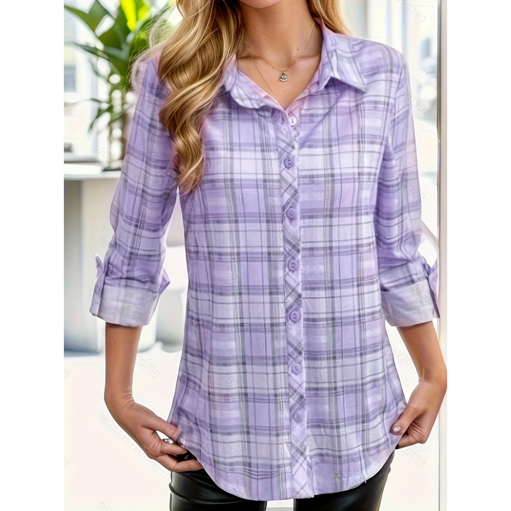 Women's Plaid Button Front Shirt - Stylish Long Sleeve Lapel Top for Spring & Fall