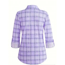 Women's Plaid Button Front Shirt - Stylish Long Sleeve Lapel Top for Spring & Fall