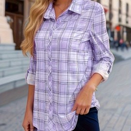 Women's Plaid Button Front Shirt - Stylish Long Sleeve Lapel Top for Spring & Fall