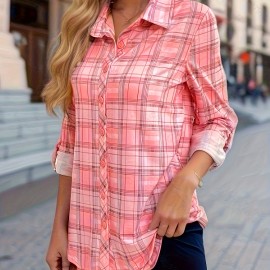 Women's Plaid Button Front Shirt - Stylish Long Sleeve Lapel Top for Spring & Fall