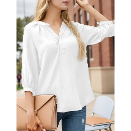 Solid Color Stand Neck Blouse, Casual Batwing Sleeve Bow Back Blouse For Spring & Summer, Women's Clothing