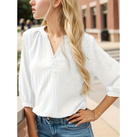 Solid Color Stand Neck Blouse, Casual Batwing Sleeve Bow Back Blouse For Spring & Summer, Women's Clothing