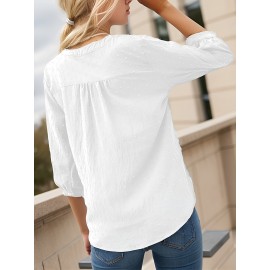 Solid Color Stand Neck Blouse, Casual Batwing Sleeve Bow Back Blouse For Spring & Summer, Women's Clothing