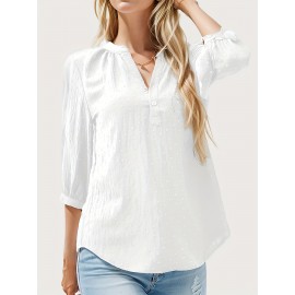 Solid Color Stand Neck Blouse, Casual Batwing Sleeve Bow Back Blouse For Spring & Summer, Women's Clothing