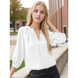 Solid Color Stand Neck Blouse, Casual Batwing Sleeve Bow Back Blouse For Spring & Summer, Women's Clothing