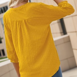 Solid Color Stand Neck Blouse, Casual Batwing Sleeve Bow Back Blouse For Spring & Summer, Women's Clothing