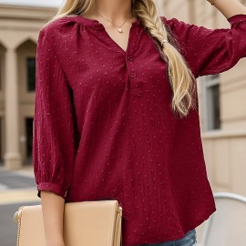 Solid Color Stand Neck Blouse, Casual Batwing Sleeve Bow Back Blouse For Spring & Summer, Women's Clothing