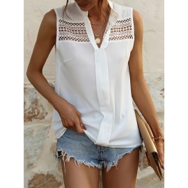 Contrast Lace Zip Up T-Shirt, Chic Cap Sleeve T-Shirt For Spring & Summer, Women's Clothing