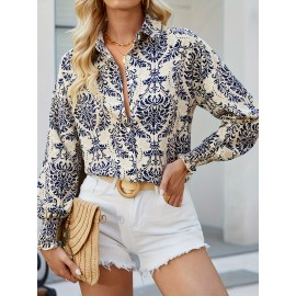 Full Print Button Front Blouse, Elegant Lapel Collar Lantern Sleeve Blouse For Spring & Fall, Women's Clothing