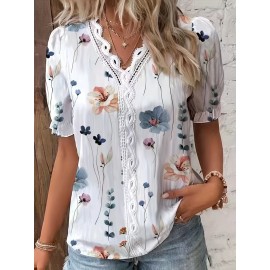 Floral Print V Neck Lace Trim Blouse, Casual Puff Sleeve Blouse For Summer, Women's Clothing