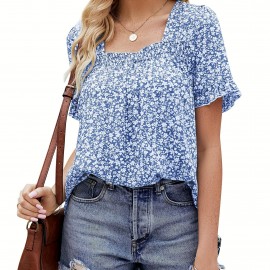 Floral Print Square Neck Blouse, Casual Short Sleeve Blouse For Spring & Summer, Women's Clothing