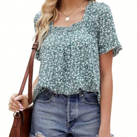 Floral Print Square Neck Blouse, Casual Short Sleeve Blouse For Spring & Summer, Women's Clothing