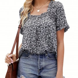 Floral Print Square Neck Blouse, Casual Short Sleeve Blouse For Spring & Summer, Women's Clothing