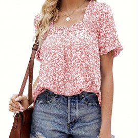 Floral Print Square Neck Blouse, Casual Short Sleeve Blouse For Spring & Summer, Women's Clothing