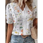 Women's Floral Lace Trim Vacation Blouse with Striped V-Neck and Short Sleeves