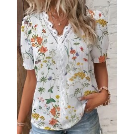 Women's Floral Lace Trim Vacation Blouse with Striped V-Neck and Short Sleeves