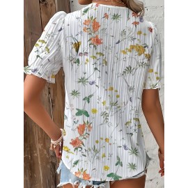 Women's Floral Lace Trim Vacation Blouse with Striped V-Neck and Short Sleeves