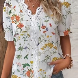 Women's Floral Lace Trim Vacation Blouse with Striped V-Neck and Short Sleeves