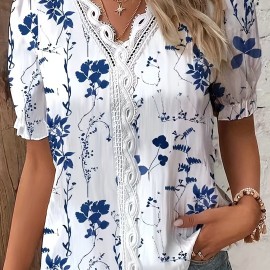 Women's Floral Lace Trim Vacation Blouse with Striped V-Neck and Short Sleeves