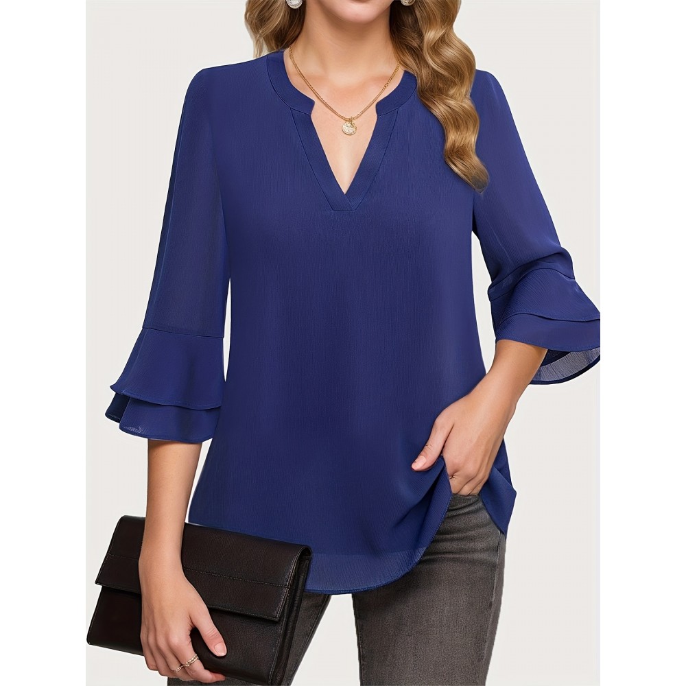 Solid Color Notched Neck Blouse, Elegant Layered Flare Sleeve Blouse For Spring & Fall, Women's Clothing