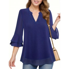 Solid Color Notched Neck Blouse, Elegant Layered Flare Sleeve Blouse For Spring & Fall, Women's Clothing