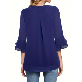 Solid Color Notched Neck Blouse, Elegant Layered Flare Sleeve Blouse For Spring & Fall, Women's Clothing