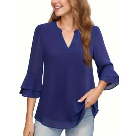 Solid Color Notched Neck Blouse, Elegant Layered Flare Sleeve Blouse For Spring & Fall, Women's Clothing