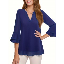 Solid Color Notched Neck Blouse, Elegant Layered Flare Sleeve Blouse For Spring & Fall, Women's Clothing