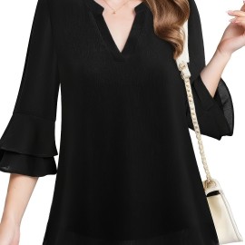 Solid Color Notched Neck Blouse, Elegant Layered Flare Sleeve Blouse For Spring & Fall, Women's Clothing