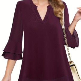 Solid Color Notched Neck Blouse, Elegant Layered Flare Sleeve Blouse For Spring & Fall, Women's Clothing